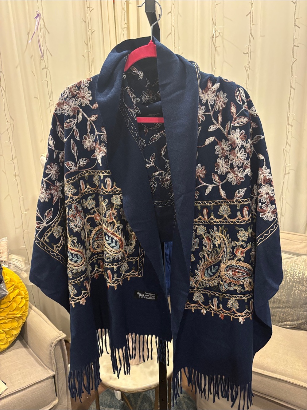 InCashmere Navy Embroidered Floral Wrap with Fringe Size 73x28